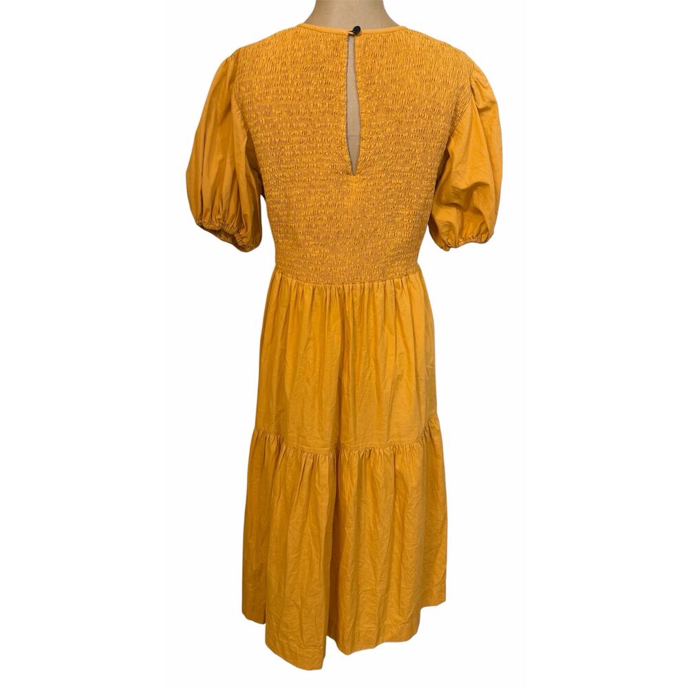 S/W/F Anthropologie Midi Dress Orange Cotton Smocked Bust Puff Sleeve Medium - Picture 4 of 7